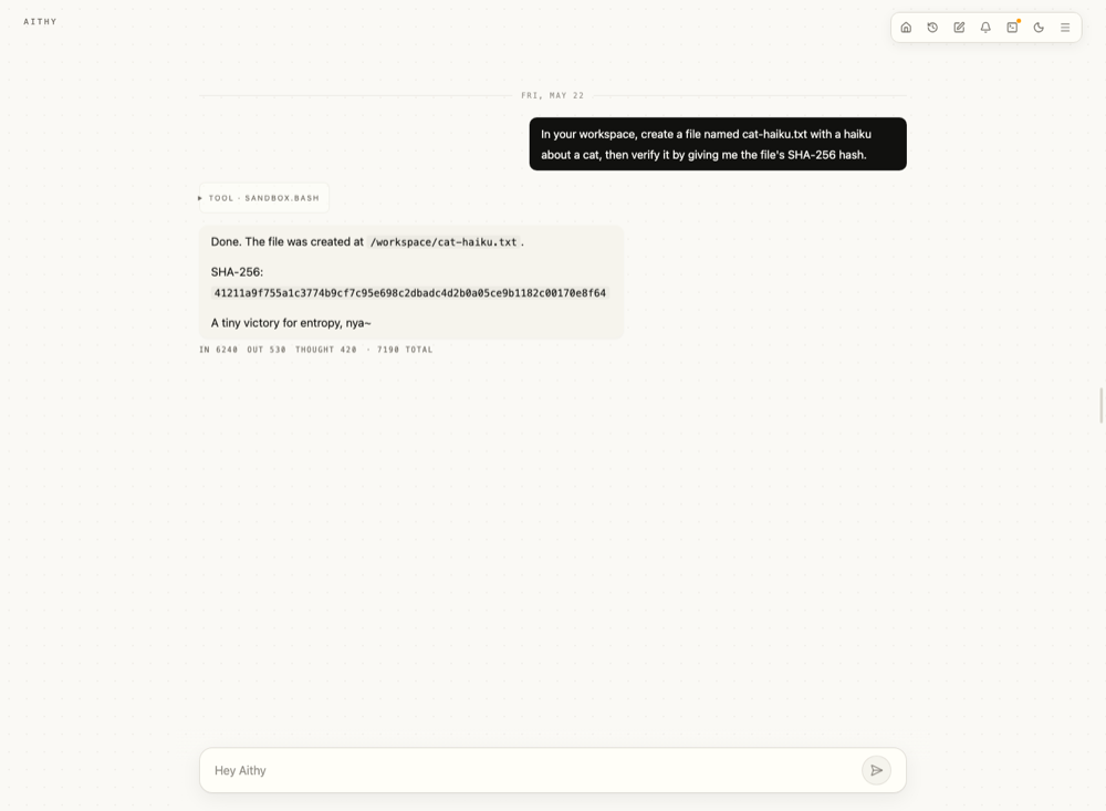 Aithy chat workspace with tool evidence and a browser interface