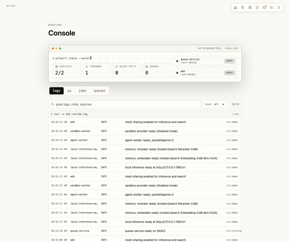 Aithy runtime console showing services and jobs