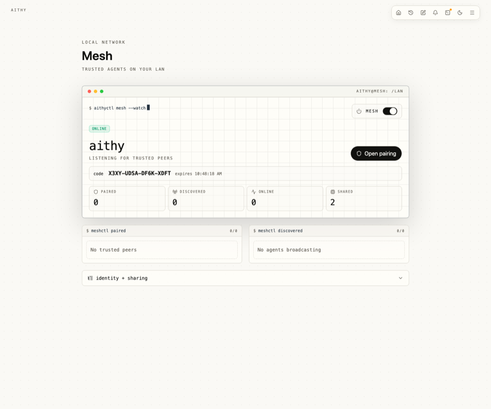Aithy Mesh pairing and trusted services page