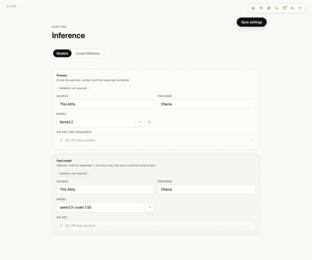 Aithy inference settings with local and family model choices