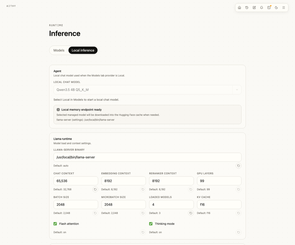 Aithy local inference settings